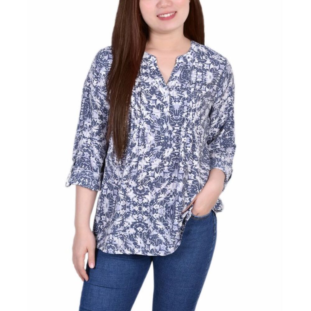 NY Collection Petite Size 3/4 Roll Tab Sleeve Blouse Top